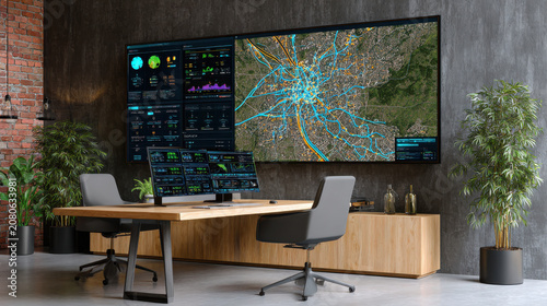 Digital twin technology displayed on multiple screens in modern office with map and data analytics for smart city monitoring