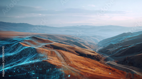 Digital twin technology visualizes terrain with glowing blue grid lines over natural landscape hills soft sky creating