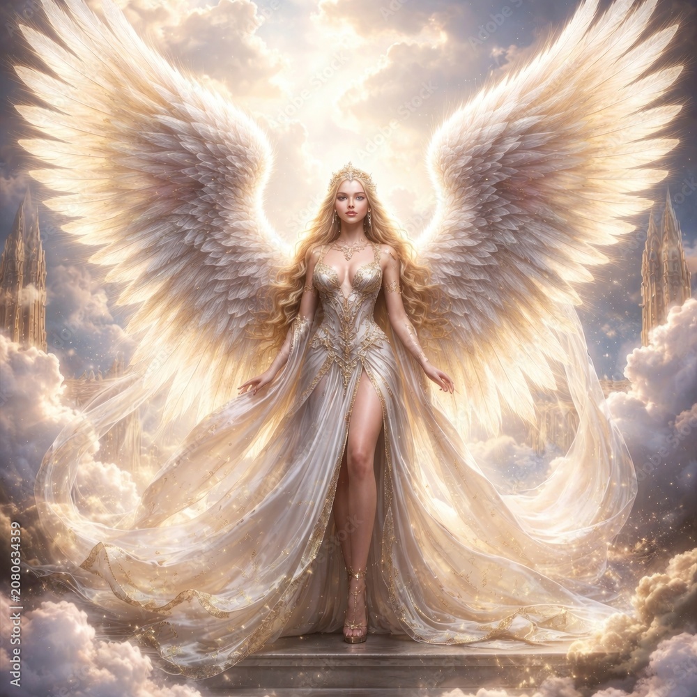 Obraz premium Ethereal angelic figure amidst clouds.