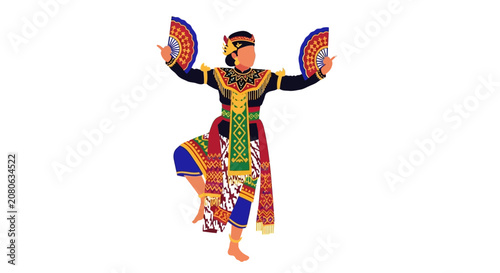 Tableau sur toile Balinese Dancer with Fans, Traditional Costume, Cultural Performance, White Back