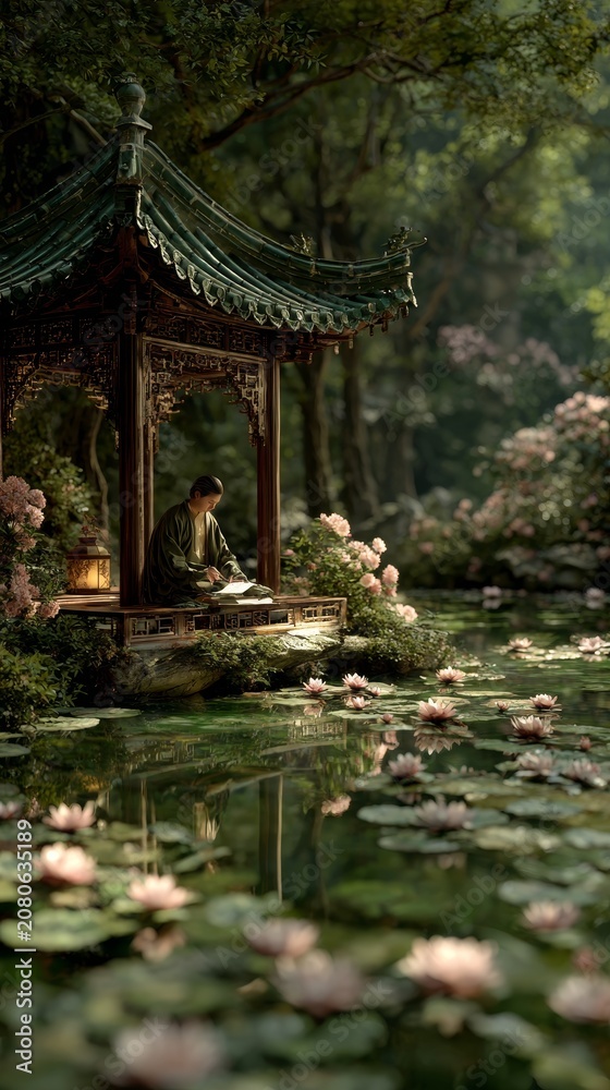 Fototapeta premium Serene pavilion beside a lotus pond with a person reading, surrounded by lush greenery and blooming flowers