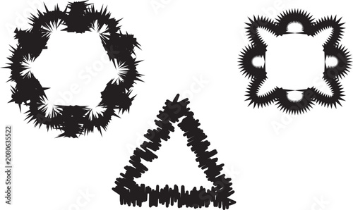 Black ink grunge shapes and rough textured geometric frames set for creative design projects.