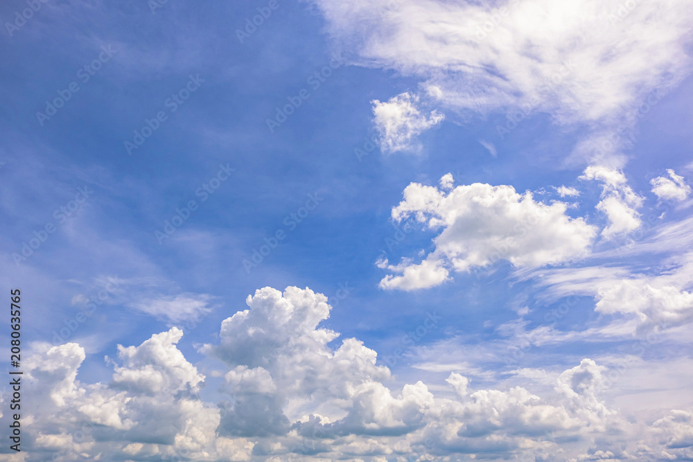 Fototapeta premium Clear Blue Sky with Soft White Clouds and Bright Natural Daylight Background, Beautiful Clear Blue Sky with Soft White Clouds and Ample Copy Space