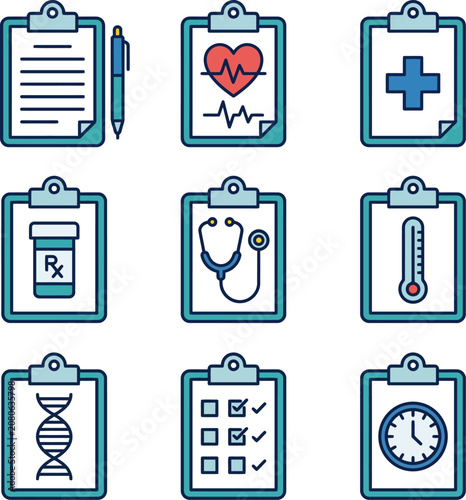 Medical Clipboard Icons Flat Vector Illustration With Colorful Outlines