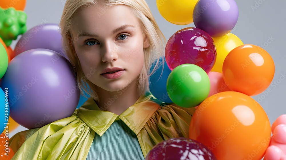Obraz premium Portrait of blonde woman surrounded by colorful balloons