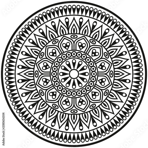 Intricate floral mandala line art with a symmetrical circular pattern. Ideal for print, coloring books, crafts, yoga, and meditation.