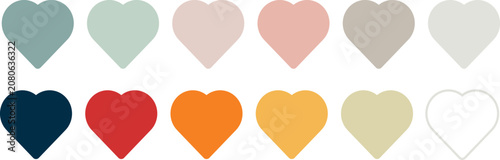Foto A diverse collection of twelve heart icons including various colors and styles arranged in two neat rows for versatile graphic use
