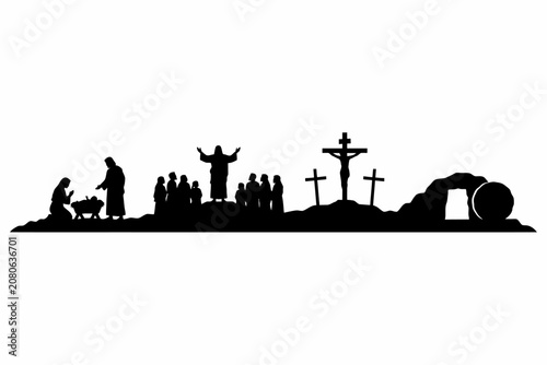 Jesus Christ Life Cycle Silhouette Birth to Resurrection