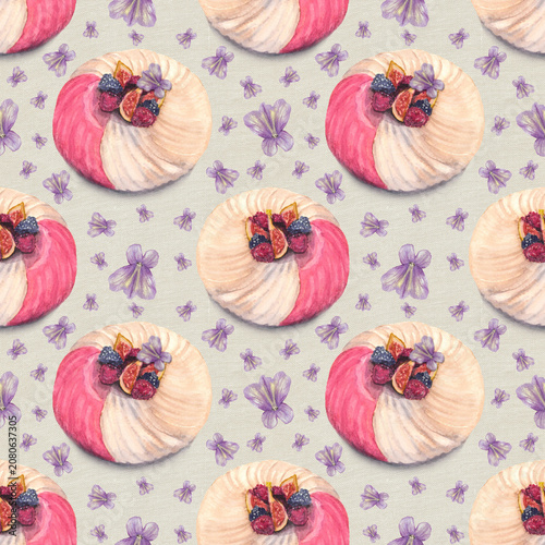 Watercolor Dessert Seamless Pattern with Cake Berries and Floral Elements Sweet Decorative Design