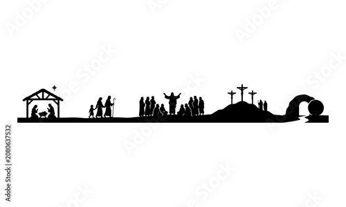 Jesus Christ life story silhouette from birth to resurrection
