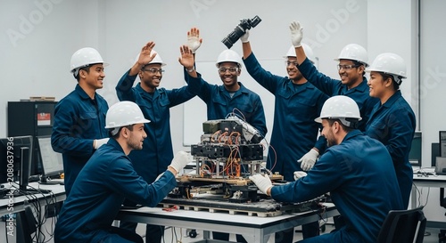 Diverse Team of Engineers Celebrating Successful Project Completion with Enthusiasm and Unity