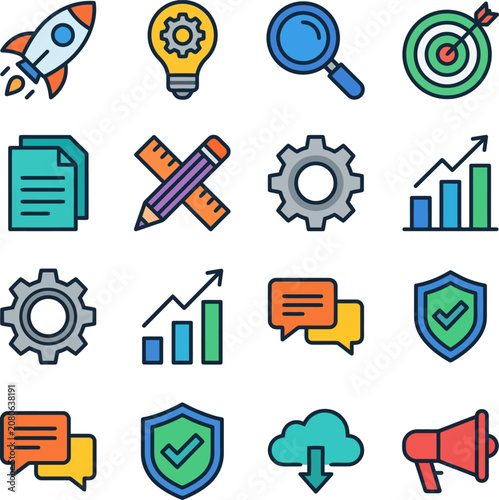 Business And Technology Icons Flat Vector Illustration With Colorful Outlines