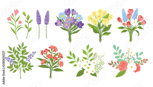 Colorful Wildflower Bouquet Collection Flat Vector Illustration Set with Spring Garden Floral Arrangements Isolated on White Background
