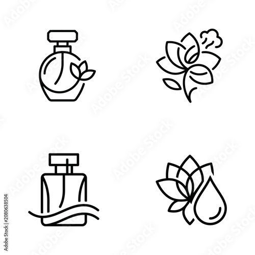 Perfume bottle with flower and water drop.