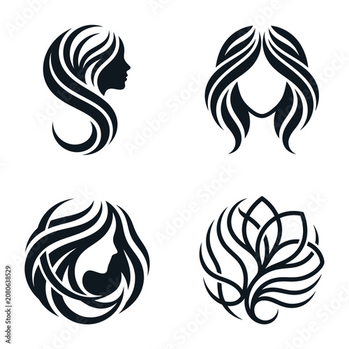 Black Hair Silhouette Vector Icons Set.