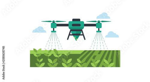 Agricultural Drone Spraying Crops Vector Illustration. Smart Farming Technology and Precision Agriculture Concept with Autonomous UAV for Irrigation and Pesticide Application.
