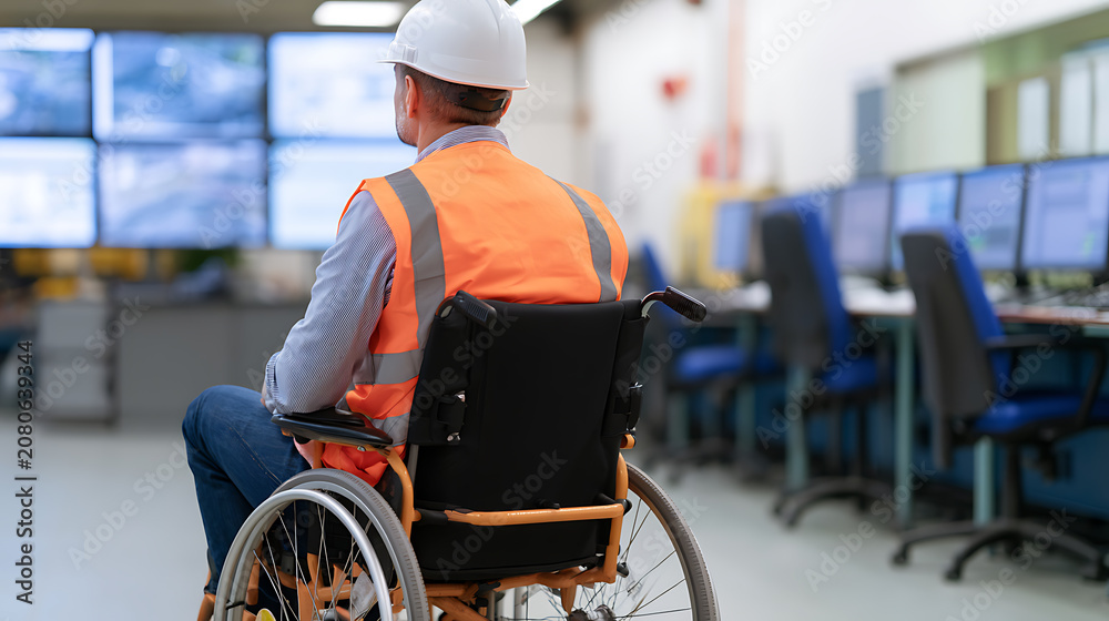 Obraz premium Professional Engineer in Wheelchair Monitors Control Room Screens, Focused on Operational Systems in an Industrial Facility