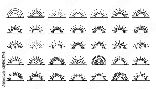 Hand Drawn Sunburst and Sunrise Icon Collection with Boho Celestial Sun Symbols Line Art Vector Set Isolated on White Background