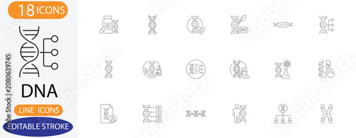 DNA and genetics line icons. Vector helix structure, GMO plant, and chromosome symbols with editable stroke