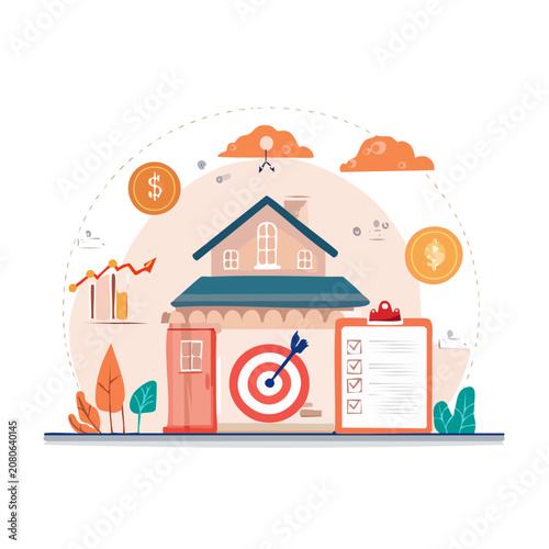 Flat vector illustration of house with financial and business icons