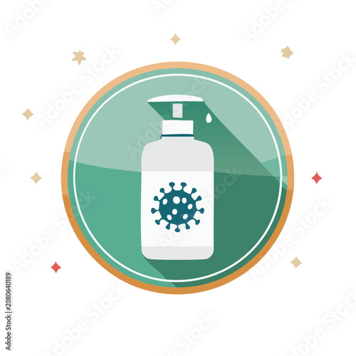 Hand sanitizer bottle with virus icon in circular frame