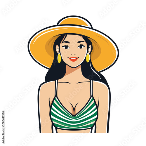 Woman in bikini and sun hat, flat vector illustration