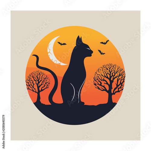 Black cat silhouette with moon and bats at sunset