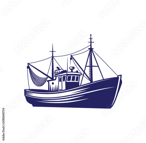 Traditional commercial fishing trawler boat silhouette with maritime nautical silhouette transportation industry commercial navigation illustration isolated transport fisherman shipping