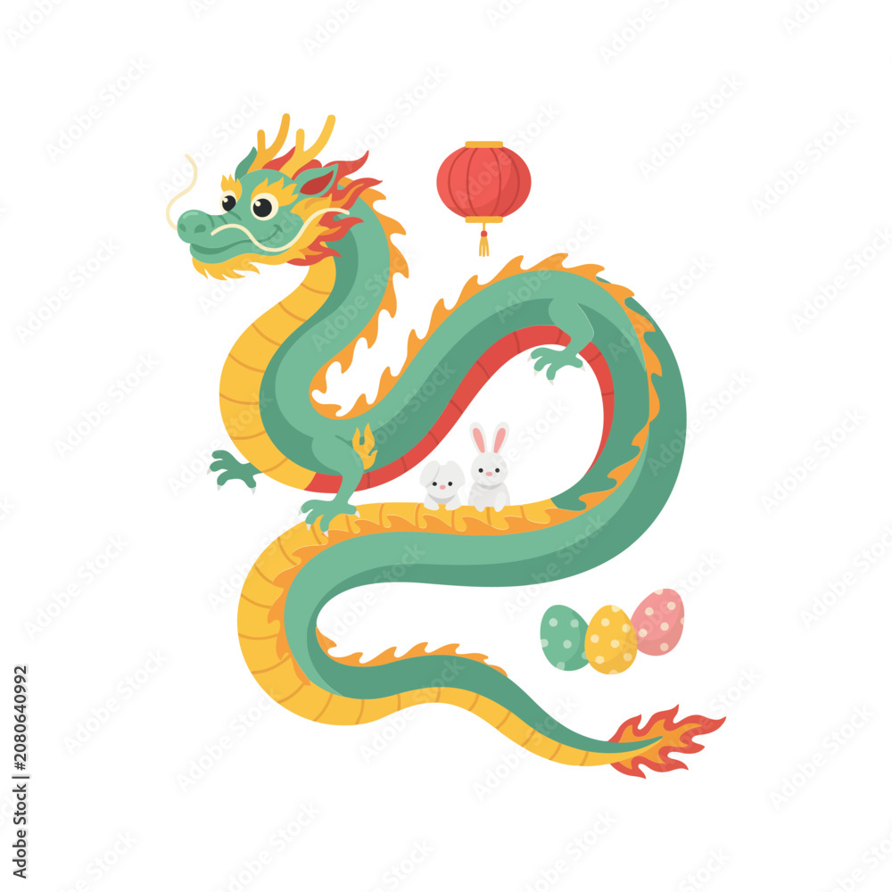 Fototapeta premium Festive chinese dragon with small rabbits and colorful easter eggs for lunar new year and spring holiday celebration