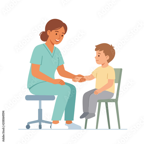 Valokuva A female nurse in green scrubs is holding a young boy's hand and smiling kindly during a medical appointment in a bright clinical setting