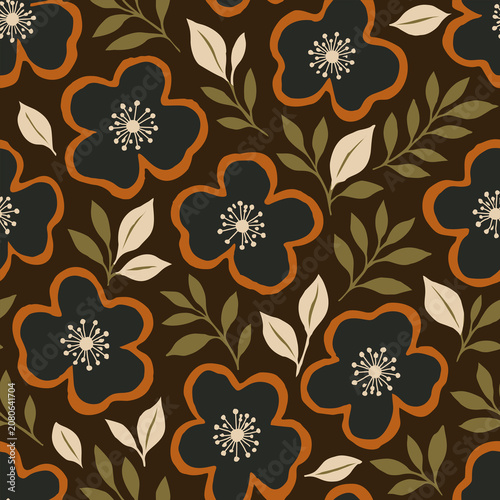 Floral seamless pattern with retro botanical flowers and leafy branches on dark brown background for fabric, textile, wallpaper, wrapping paper and surface print.