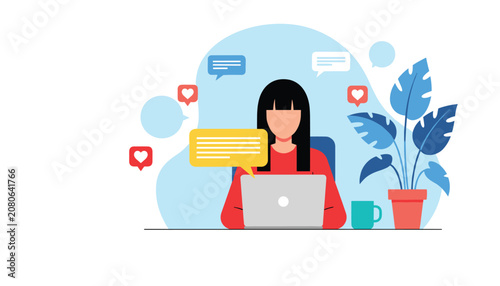 Social Media Communication Flat Vector Illustration with Woman Using Laptop Online Messaging Notifications and Digital Marketing Workspace Isolated on White Background