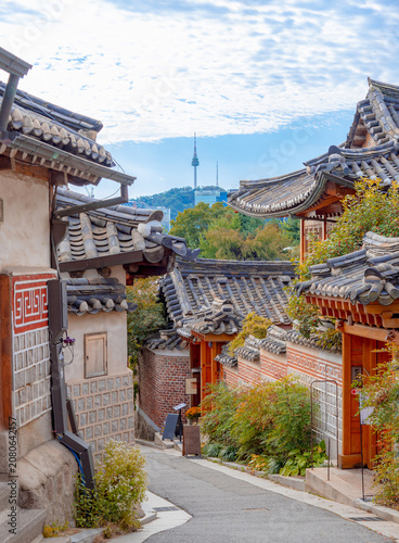 The most beautiful Viewpoint bukchon hanok village,
panoramic, tourist attractions in the city park of seoul City,
 Asia business concept image,panoramic modern cityscape building in korea. 