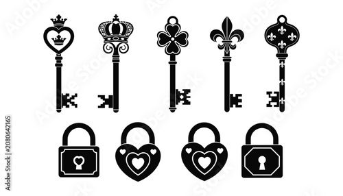 Vintage Ornamental Skeleton Keys and Heart Padlocks Silhouette Vector Collection with Antique Lock Icons Isolated on White Background