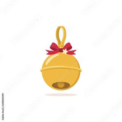 Golden christmas bell ornament with a red ribbon bow and a small star accent isolated on a plain white background, for festive decoration