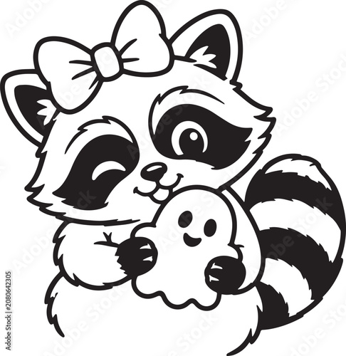 cute spooky raccoon with ghost and bow on the head