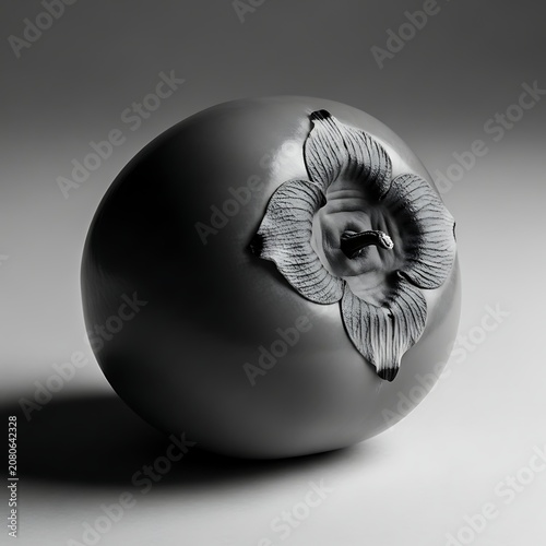 Monochrome Persimmon Fruit with Detailed Blossom Calyx on Studio Surface