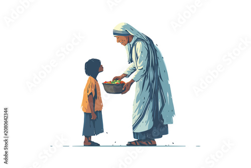 Mother Teresa Offering Food to Poor Child isolated