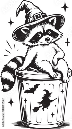 spooky raccoon with a witch hat on the trash can