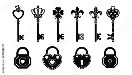 Vintage Skeleton Key and Heart Padlock Silhouette Vector Collection with Decorative Antique Lock Icons Isolated on White Background