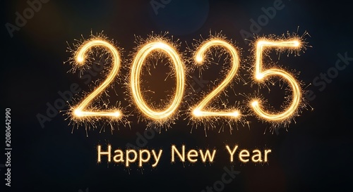 A festive digital graphic with illuminated '2025' and 'Happy New Year' text