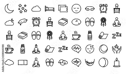 Photography Modern Sleep Outline Icon Collection with Bed Moon Pillow and Night Wellness Sym