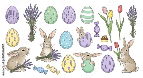 A festive Easter-themed illustration featuring colorful eggs, bunnies, flowers, and candies