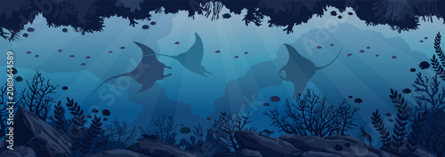 Underwater cave with mantas ray, coral and fishes. Vector illustration with marine life. Seascape image.