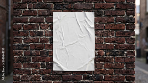 Crumpled Blank Poster on Rustic Red Brick Wall.