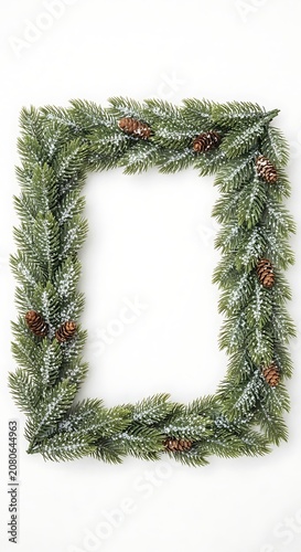 A festive evergreen wreath with pinecones on a white background