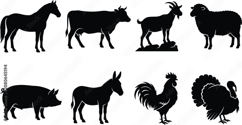 Fototapeta premium Set of professional black farm animal silhouettes featuring horse cow goat sheep pig donkey rooster and turkey