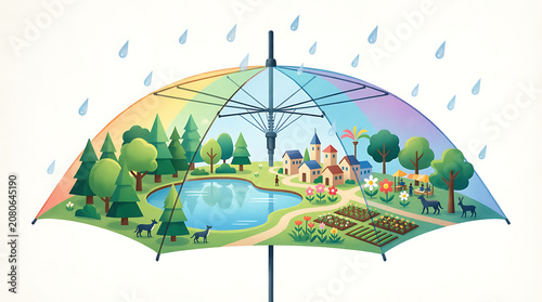 Vector Illustration of Colorful Umbrella in Rainy Park Landscape with Rainbow Clouds Trees Flowers and Blue Sky Nature Cartoon Spring Summer Scene