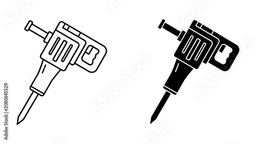 Fotografie Jackhammer Illustration: A stylized illustration of a jackhammer in both outline and solid black, showcasing the powerful tool used for demolition and construction