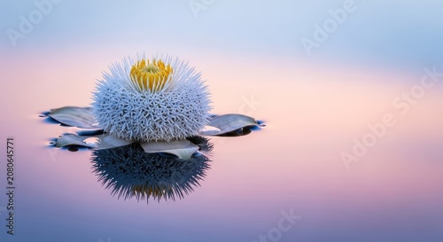 A single blooming puffer lily floats peacefully on the still surface of a glassy pond under a soft pastel sky during a quiet dawn morning, pastel, minimal, flower